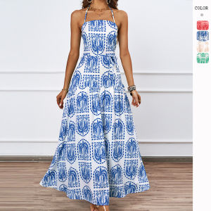 Váy Đi Biển in Hoa Không Tay Cổ Treo Váy Mùa Hè Váy Chữ a Polyester Váy Đi Biển Không Tay Cổ Treo in Hoa Váy Đi Biển