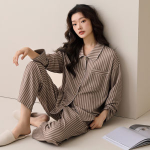 Slim Fit Elegant Stripe Long Sleeve Cotton Home Wear Set