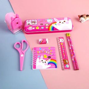 MOMO School Opening 8pcs Metal Pencil Box Automatic Push Sharpener Notepad Pencil Ruler Scissors Gift