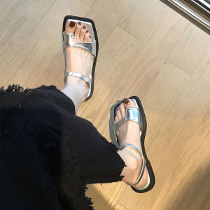 รองเท้าแตะส้นแบนทรงโรมัน ทรงสี่เหลี่ยม หัวเข็มขัด ทรงสี่เหลี่ยม รองเท้าแตะชายหาด สไตล์สตรีท สำหรับผู้หญิง