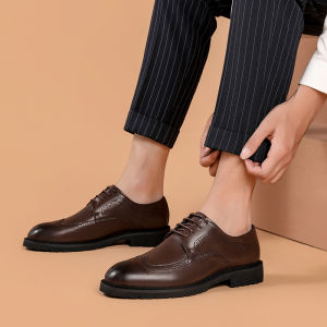 Carved Leather Shoes Mens Wedding Groom British Style Business Formal Derby Shoes Increased Height Interior Casual Leather Shoes