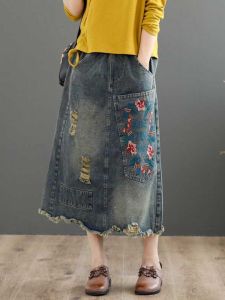 Retro Womens Distressed Embroider Denim Skirt Ripped Frayed Large Pocket A- line Skirt Mid Length Long Length Plus Size Bandage Dress