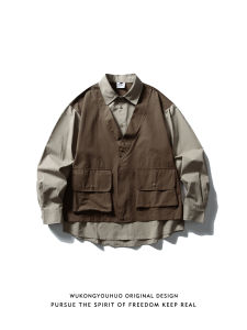 WUKONGYOUHUO | Vintage Retro Pseudo Two-Piece Work Shirt Men