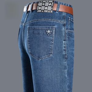 ROMON | Loose Straight Leg Mens Jeans Business Casual Mid Waist Elastic Denim Pants Fashionable Urban Wear Winter Season Dad Clothes