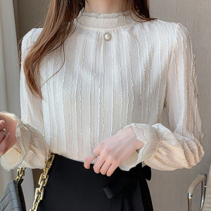 2022 New Women Blouse Pleated Lace Stand Collar Chiffon Shirt Flared Long Sleeve Top