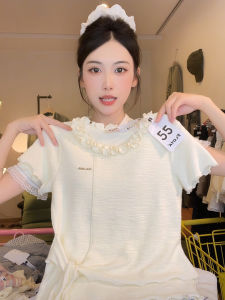 Áo Thun Nữ Cổ Tròn Tay Ngắn Ôm Vừa Vặn Họa Tiết Bướm Viền Gỗ Ngắn Bất Đối Xứng Viền Gấp Thắt Nút