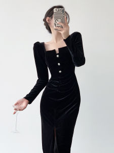 Sleeve Velvet Slimming Retro Square Neck Slit Dress
