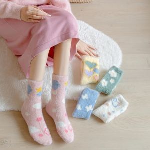 Autumn Winter Cartoon Mink Velvet Socks For Women Thickened Warm Furry Butterfly Cloud Home Floor Sleep Socks