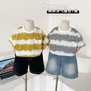 แฟชั่นลาย Tie-Dye Letter พิมพ์แขนสั้นผ้าฝ้ายเสื้อยืดสําหรับชายอายุ 3-12 ฤดูร้อน Crewneck เสื้อกันหนาวดูดซับ