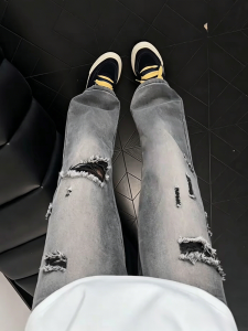 CHENMU | Retro American Holes Denim Trousers Loose Straight Leg Bell-Bottom