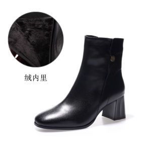 รองเท้าบู๊ตสั้นหนังแท้ทรงหัวมน สำหรับผู้หญิง ฤดูใบไม้ร่วง/ฤดูหนาว ส้นสูงปานกลาง รองเท้าบู๊ตสั้นนุ่มหนังแกะบุขนแกะ ซิปข้าง