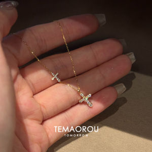 S925 Sterling Silver Double Cross Pendant Necklace Sparkling Sweater Chain Versatile Choker Necklace Fashionable Jewelry Accessory