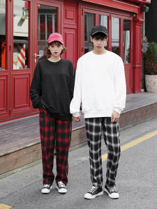 Couples Red Black Plaid Pants Mens Loose Trendy Casual Wide Leg Home Wear Walking Outdoors Polyester Blend Straight Cut