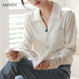 Ammin của New pháp v-cổ dài tay đi lại áo voan cho mùa thu 2023 phụ nữ phiên bản Hàn Quốc Chic trái tim thiết kế nút túi giả chắp vá Áo Blouse thanh lịch