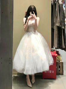 Váy Lưới Pháp Thanh Lịch Mùa Thu Bó Sát Không Tay Váy Sinh Nhật Phong Cách Ngọt Ngào Váy Chữ a Màu Trơn Không Tay Váy Lưới