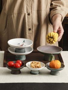Retro Chinese Style Ceramic High Foot Fruit Tray Dessert Plate Tea Snack Plate Casual Dining Utensils Vintage Fruit Dish