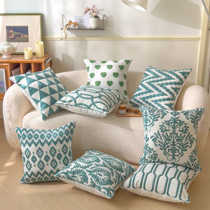 Nordic Style Towel Embroidered Pillow Cover 45x45cm Green Leaves Geometric Embroidery Home Decoration Waist Cushion Cover Square Living Room Sofa Couch Bedroom