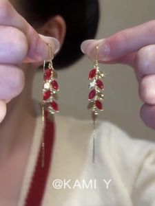 KAMI Y New Year Elegant Long Red Zircon Ear Tassels Fashionable Wheat Spike Drop Earrings Womens Alloy Embedded Artificial Gemstones