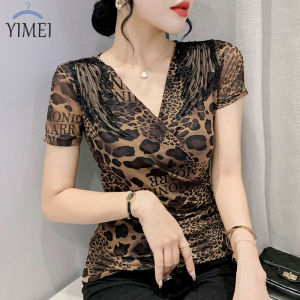 YIMEI 2023 Summer New Fashion Beaded Short Sleeve Mesh Top Slim Fit Cross V-neck Vintage Leopard Print T-shirt
