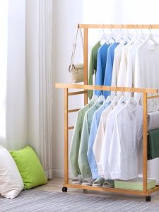 RRH Bamboo Clothes Hanging Rack 80/100cm Coat Hanger Pole Organizer Bedroom Wardrobe Simple Storage With wheel