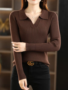French Style Long Sleeve Polo Collar Knitted Base Shirt Women Slim Fit Turn Collar Slimming Sweater Design Sense Top New 2025