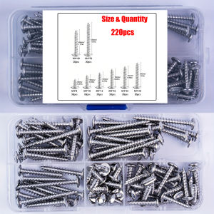 220-Piece M4 Flathead Self-Tapping Screw Kit 304 Stainless Steel - Ideal for Drilling into Furniture and Wood with Storage Box