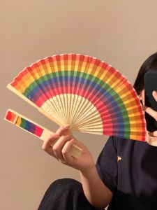 Rainbow Folding Mini Fan Portable Summer Dance Fan for Women Handheld Bamboo New Chinese Style Photography Props