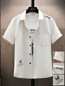 ROMON | Lormen Mens Stripe Short Sleeve Shirt Summer Thin Casual Ice Silk Workwear Jacket Loose Fit Fashion Urban Style Youth Summer Shirt