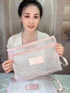 Tas Buku dan Alat Tulis Map A4 Dua Slot File Folder Tas Mesh Dokumen Transparant Jaring Zipper 2 in 1 Multifungsi Totebag Buku Transparan SPM