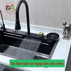 GIÁ SIÊU RẺChậu rửa bát 1 hố HODABOSS-INOX 304 mạ tĩnh điện titan cao cấp bồn rửa chén 1 ngăn lớn kèm vòi thác nước