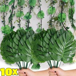 10Pcs Artificial Tropical Palm Leaves Green Turtle Branches Fake Monstera Plants for Birthday Wedding Party Table Decoration