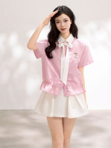 KEIKO | Korean Style Light Pink Check Short Sleeve Shirt Removable Bow Puff Flounce Hem