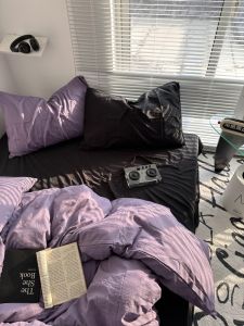INS Pure Color Fusion Purple Black Washed Cotton Four-Piece Set Bed Sheet Student Duvet Cover Dormitory Three-Piece Set 1.8 Fitted Sheet