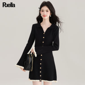puella | FRENCH BLACK KNIT DRESS V-NECK WOOD EARS