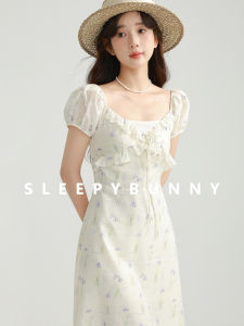 Sweet Style Floral Print Chiffon Dress Womens French Elegant Waist Cinched Square Collar Short Sleeve A-Line Skirt Long Dress
