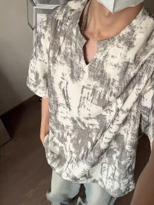 Retro American Tie Dye V Neck Short Sleeve Mens T Shirt Thin Oversize Loose Design Trendy Half Sleeve Summer Breathable