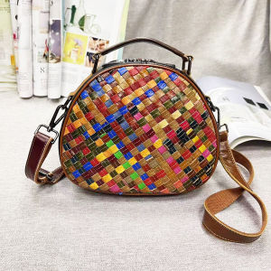 BeeGreen Women Real Leather Woven Bag Multicolor Shoulder Bag Casual Sling Bag Fashion Round Handbag