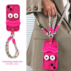 Funny Sausage Mouth Plush Silicone Crossbody Strap Womens Phone Case for Xiaomi Redmi Anti-Fall Soft Rubber Protective Cover