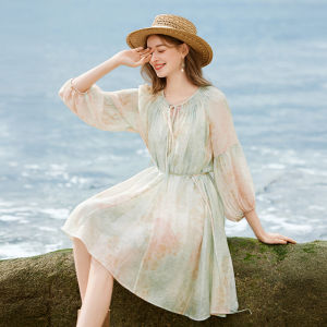 XIANGYING | Mint Green Blush Floral Summer New Arrival Vacation Style Waist Cinched A-line Dress