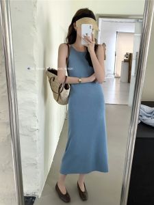 Blue Off-Shoulder Neckline Gown Womens Spring Autumn New Style High-End Drapey Long Dress Elegant Ultra-Hot One-Piece Dress