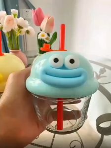 210ml Creative Mini Milk Cup Portable Glass Straw Water Bottle Cartoon Cute Childrens Fat Cup
