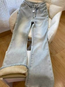 กางเกงยีนส์ทรงสลิมฟิตเอวสูงสำหรับผู้หญิง ฤดูหนาวปี 2025 กางเกงขายาวทรงหลวมขากว้างแบบใหม่ เอวยางยืด หนา หน้าร้อน