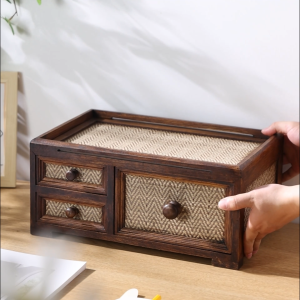 กล่องเก็บของในลิ้นชัก สไตล์วินเทจ ทำจากไม้实木 กล่องสี่เหลี่ยมสำหรับจัดเก็บเครื่องสำอางและของใช้ในบ้าน