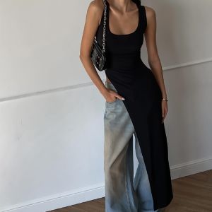 Slim Fit Long Line Strap Vest U Neck Low Cut Basic Versatile Summer Street Style Asymmetric Casual Solid Color Top for Women