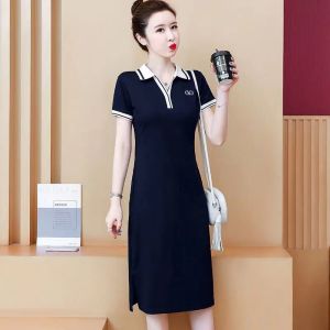 FD60430440 Polo Collar Short Sleeve Dresses Women Summer Loose Showing Slim Plus Size Fat Girl Lapel Casual Sport Long T-shirt Dress Fashion A-line dresses
