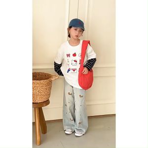 Childrens Girl Pants Featuring Elastic Waist Denim Shorts With Embroidered Dog Patterns Modern Korean-Style Jeans And Cargo Pants