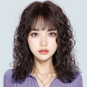 Wig Real Hair Full Real Human Hair Middle-Aged Ladieswear Mid-Length Curly Hair Wig Sheath Full-Head Wig Fashion Nature Real Hair Cover