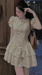 Đầm nữ hoạ tiết châm bi phần chân váy tầng xoè tay bồng