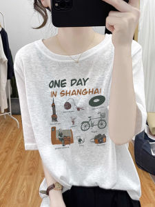 เสื้อยืดคอกลมแขนสั้นผ้าฝ้ายลายหิมะสีขาวสไตล์ย้อนยุคสำหรับผู้หญิงในช่วงฤดูร้อน เสื้อตัวบนหลวมๆ ทรงหลวมๆ ไซส์ใหญ่