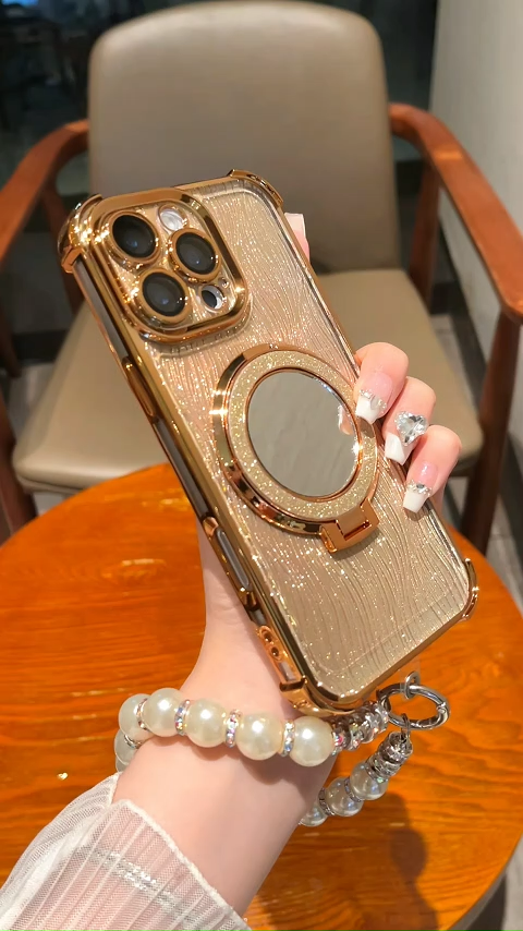 Luxury Case iPhone 11 12 13 14 15 16 pro max 15 16 plus with Pearl Bracelet and Foldable mirror bracket Glitter Case Acrylic iPhone 11 12 13 14 15 16 pro max 15 16 plus Shockproof waterproof Case with lens camera protect